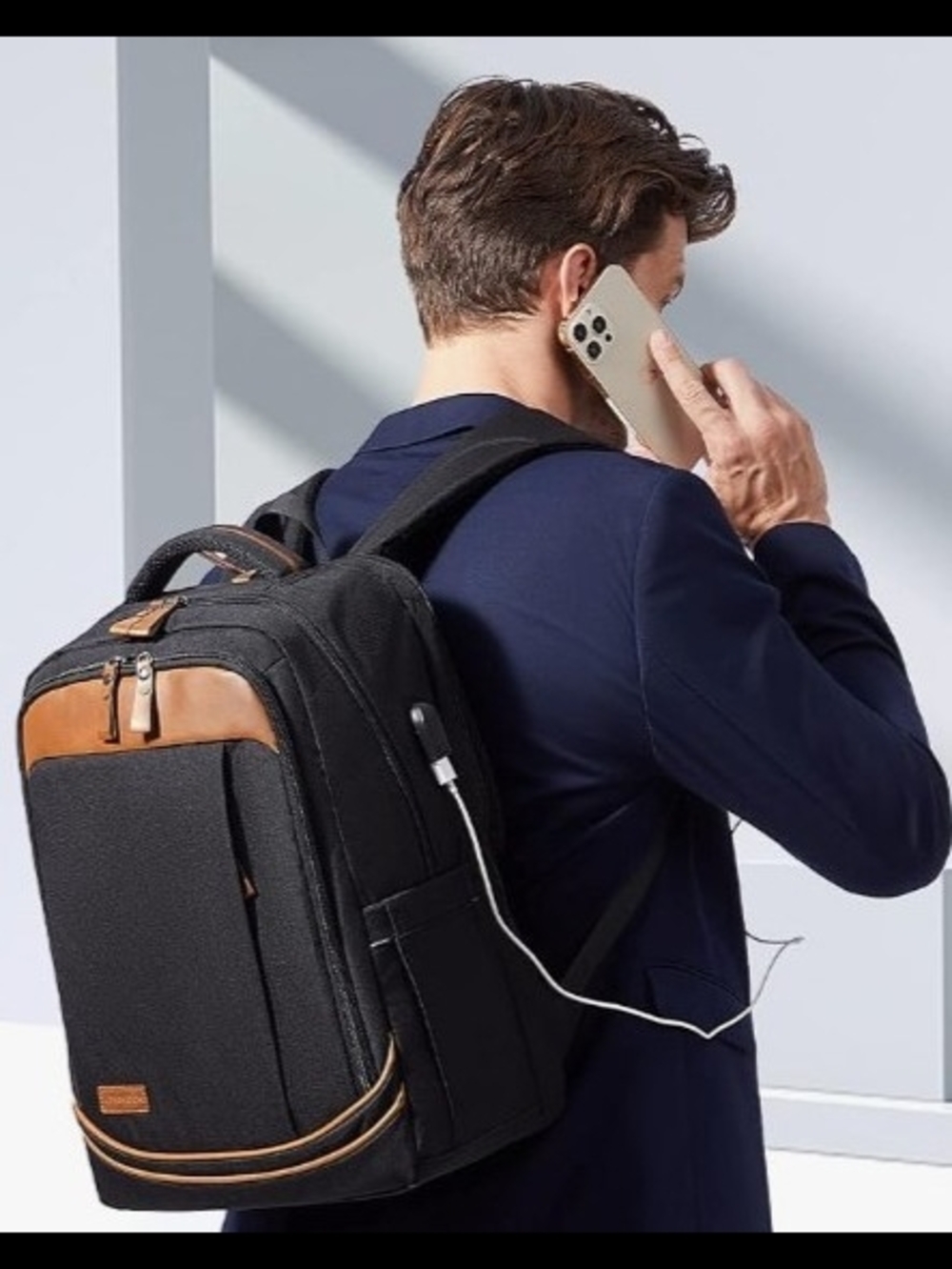 LOVEVOOK Black Backpack with Brown Trim - Men's Business Travel Bag